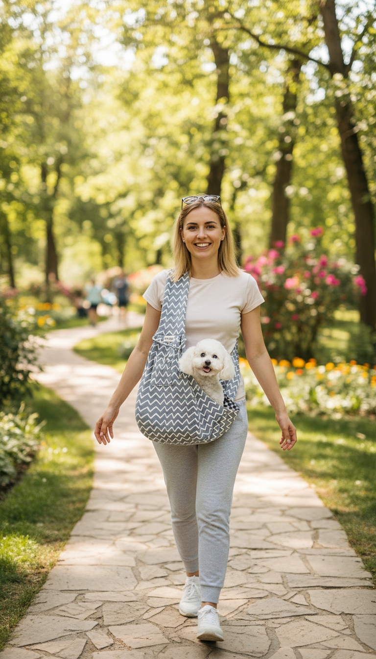 Person with dog in sling carrier at park