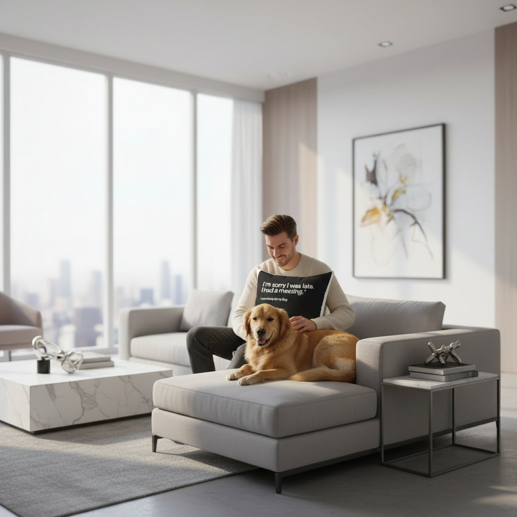 “I’m Sorry I Was Late, I Had a Meeting” Decorative Pillow — Funny Dog Owner Quote Cushion