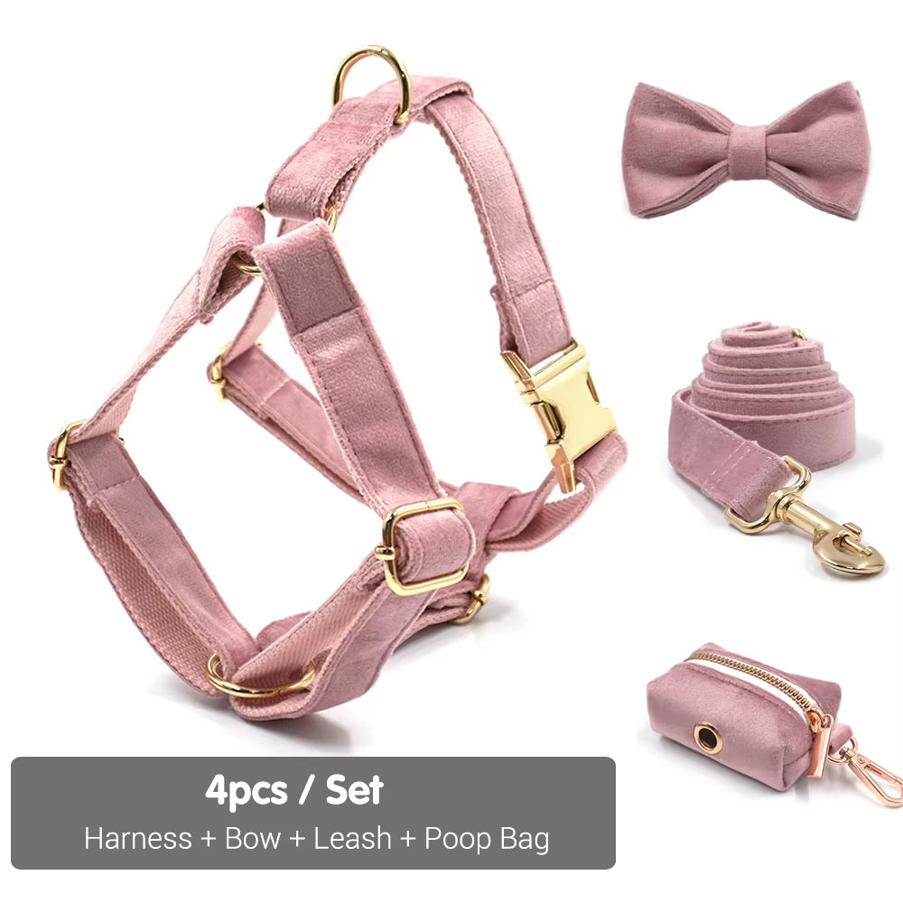 Pink Dog Harness for Girl Dogs Cute Dog Collar with Removable Bowtie 5Pcs Pet Traction Set Dog Harness Bow Collar Leash Poop Bag