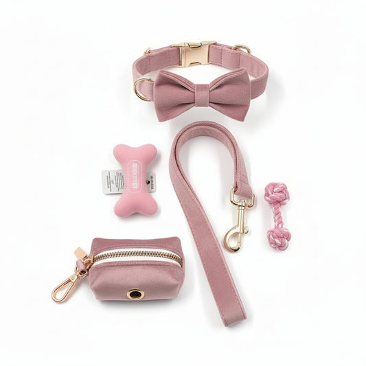 Pink Dog Harness for Girl Dogs Cute Dog Collar with Removable Bowtie 5Pcs Pet Traction Set Dog Harness Bow Collar Leash Poop Bag