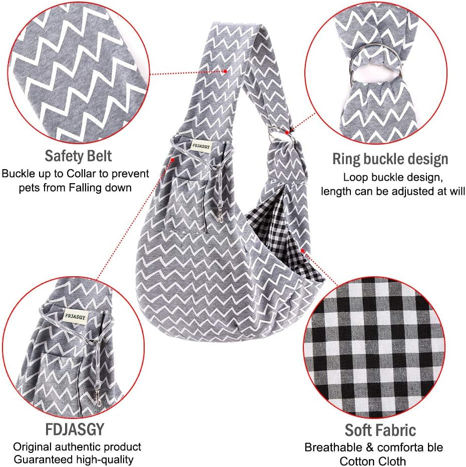 Small Pet Sling Carrier-Hands Free Reversible Pet Papoose Bag Tote Bag with a Pocket Safety Belt Dog Cat for Outdoor Travel Grey Stripe