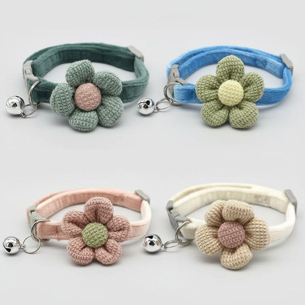 Cat Bell Collar Colorful Adjustable Sweat Cute Cartoon Pet Collar Sun Flower Bowtie Soft Polyester Small Dog Cat Necklace