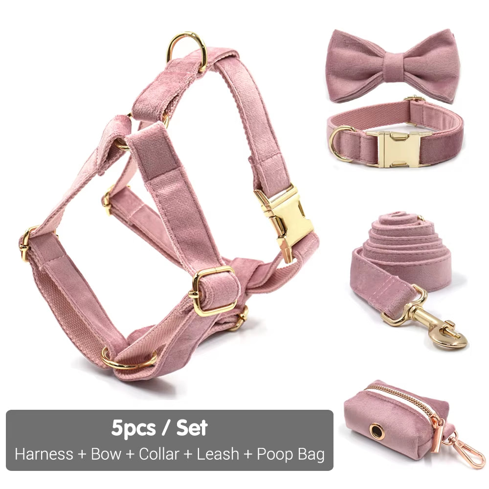 Pink Dog Harness for Girl Dogs Cute Dog Collar with Removable Bowtie 5Pcs Pet Traction Set Dog Harness Bow Collar Leash Poop Bag