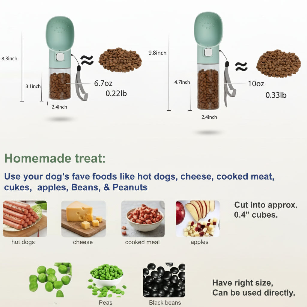 Handheld Dog Feeder Treat Dispenser with Built-In Clicker & Treat Pouch. for Training Walking Hiking Traveling. (6.7 OZ, Green)