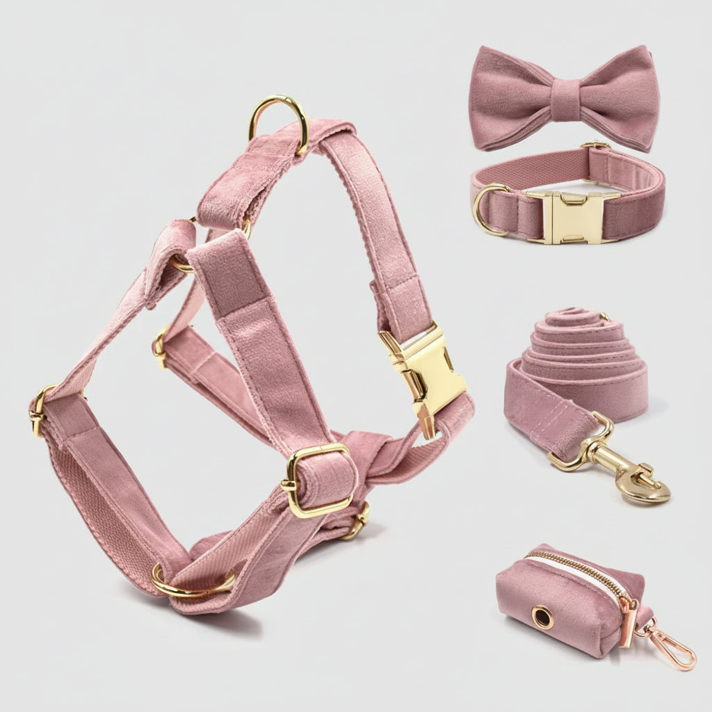 Pink Dog Harness for Girl Dogs Cute Dog Collar with Removable Bowtie 5Pcs Pet Traction Set Dog Harness Bow Collar Leash Poop Bag