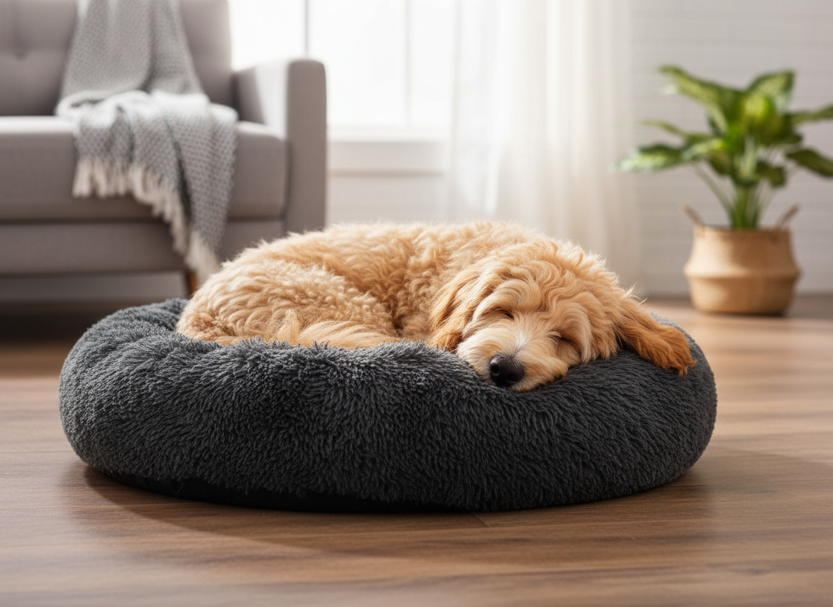 Dog curled up sleeping in donut bed