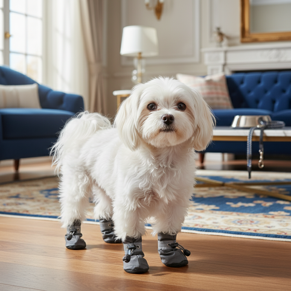 Dog in designer boots in upscale home