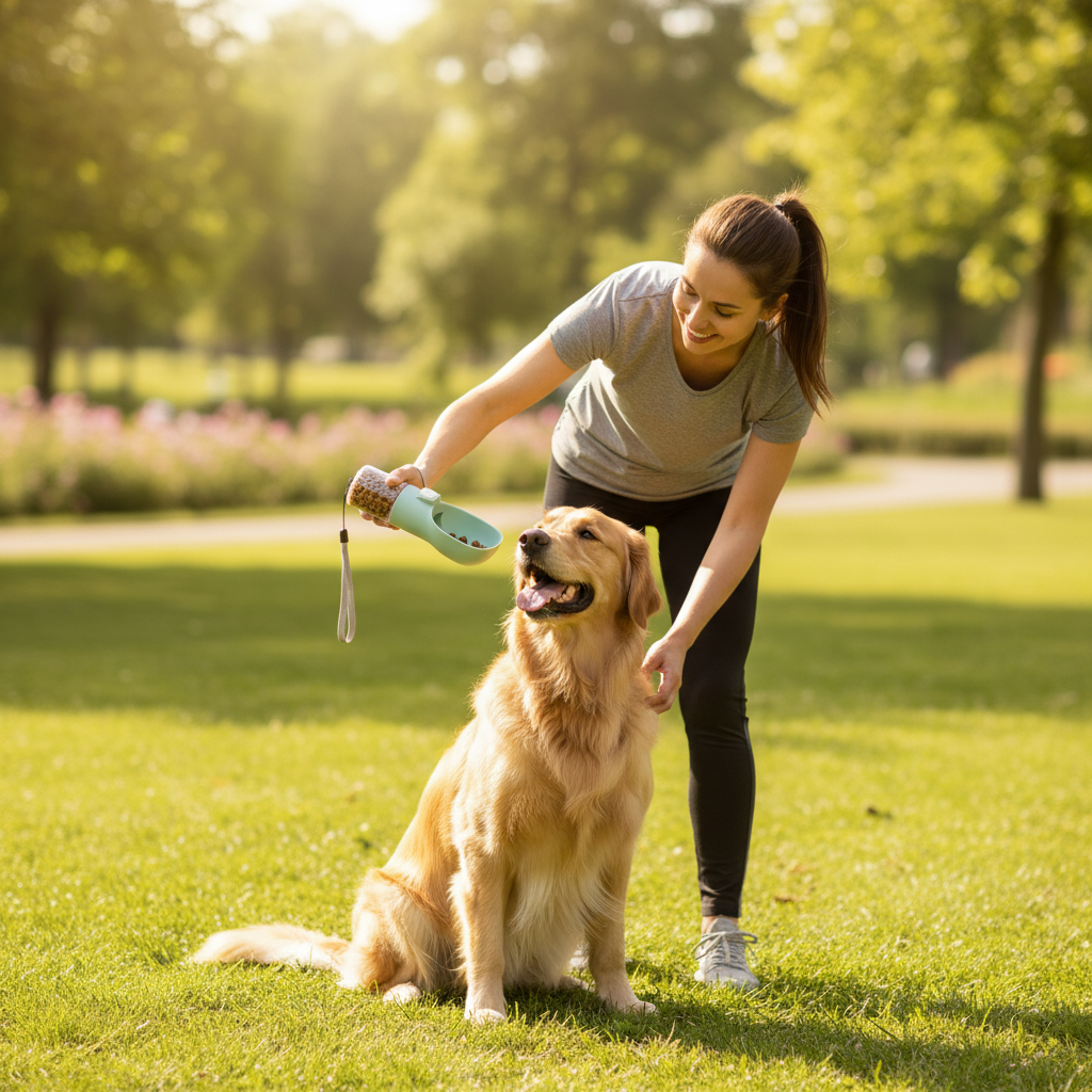 Dog training in park with treat dispenser
