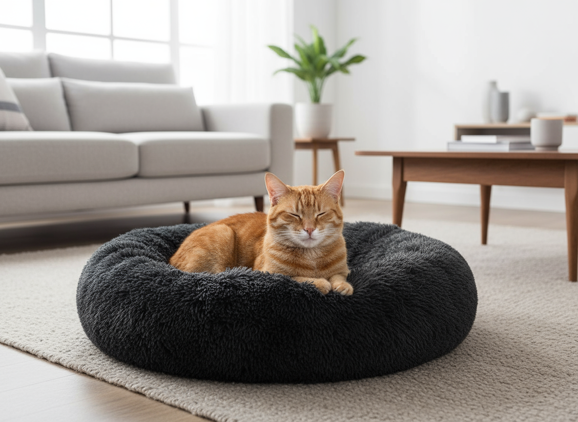 Happy cat in donut bed