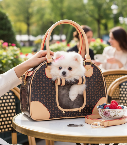 Pet carrier at upscale cafe