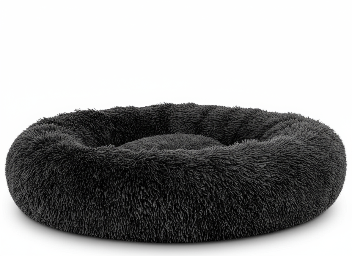 Plush donut bed on white background