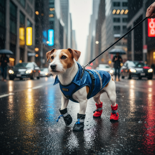 Stylish dog in boots on rainy street