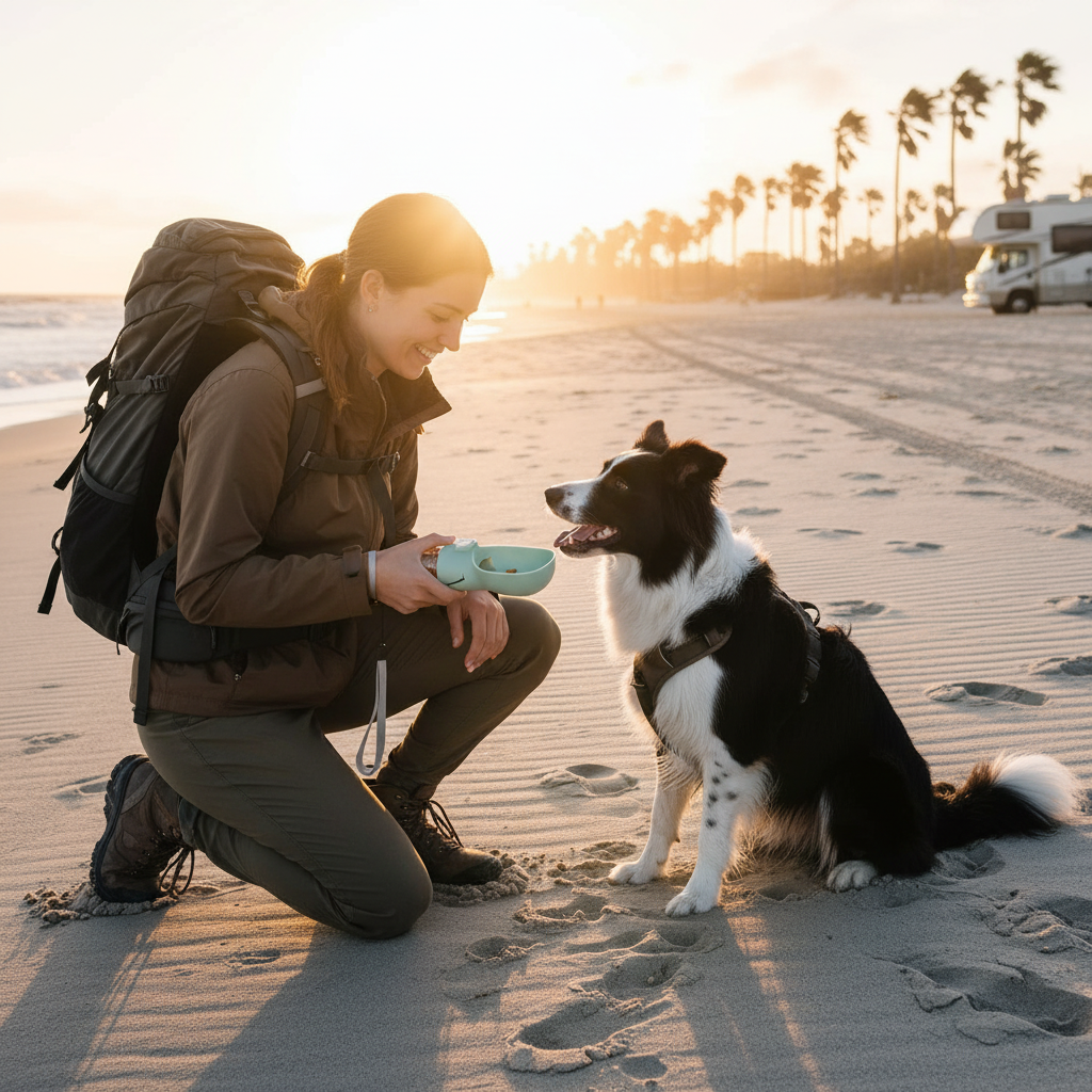 Traveling with dog using treat dispenser