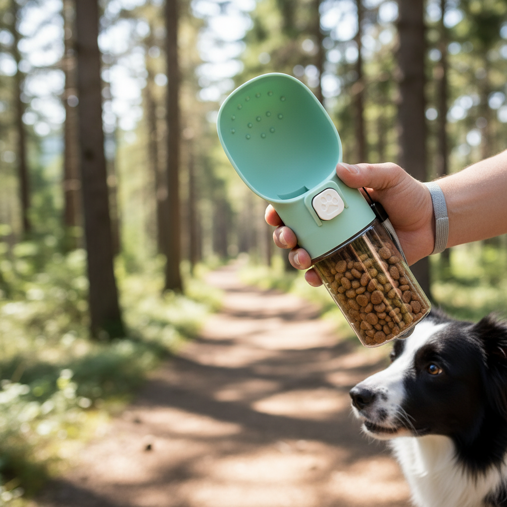 Using treat dispenser on hiking trail
